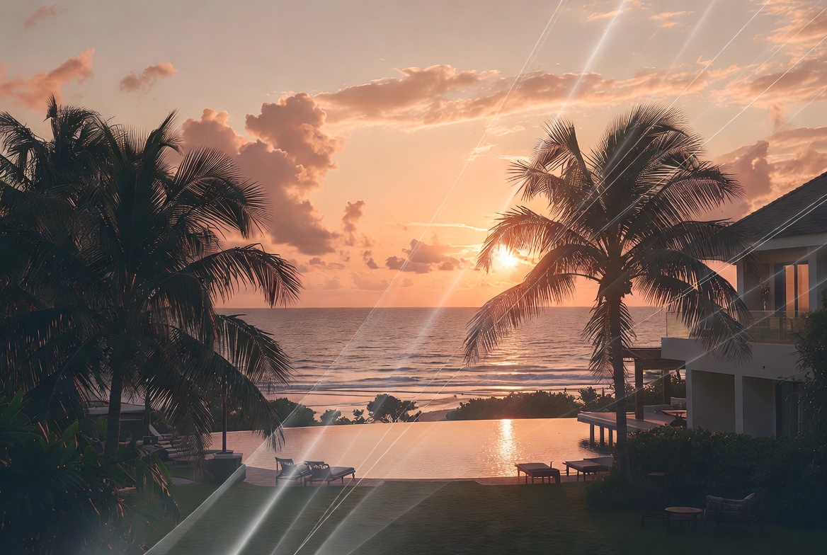 Luxury tropical resort at golden hour - SOLIS MARKETING hero